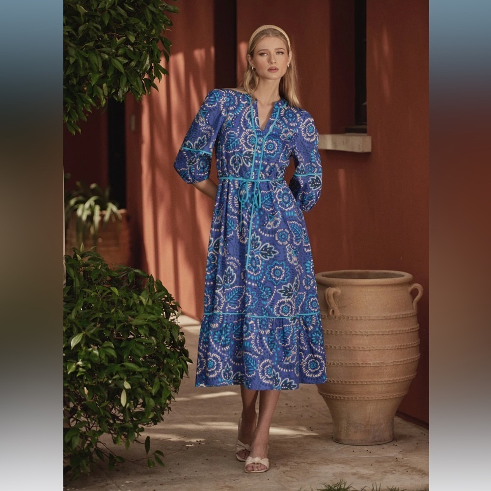 Kenner Floral Melia Shirt Midi Dress Blue Cream Multi